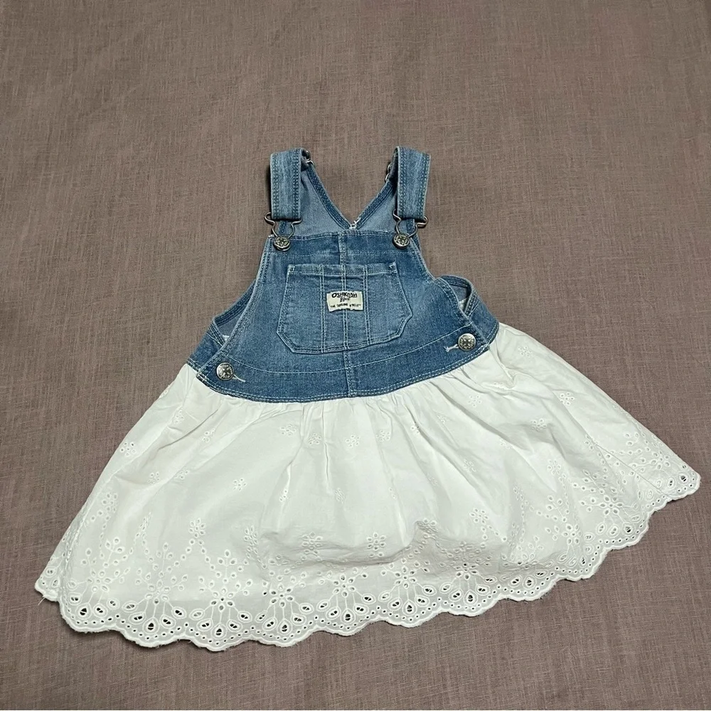 OshKosh B'gosh Two Matching Blue White Eyelet Dresses Size 3T Twins Sisters